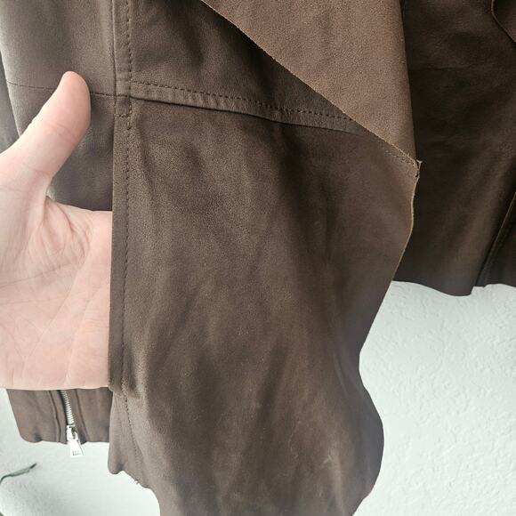 Neiman Marcus Brown Leather Open From Cascade Ruffle Zippered Sleeves Sz Small - Picture 6 of 9